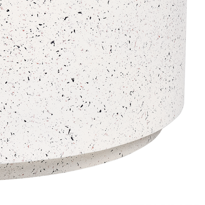 Tavolino da salotto bianco con effetto terrazzo in fibra di vetro MgO con piano rotondo resistente alle macchie UV, alla ruggine, all'acqua e al vento, moderno per esterni.