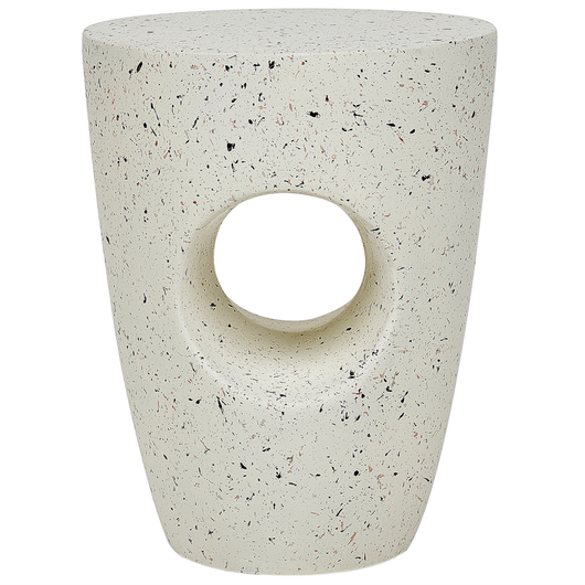 Tavolino bianco con effetto terrazzo in fibra di vetro MgO con piano rotondo resistente alle macchie UV, alla ruggine, all'acqua e al vento, moderno per esterni.