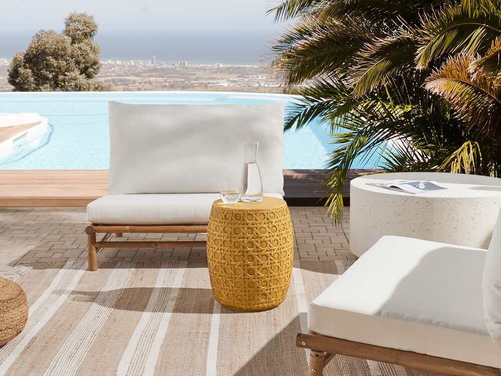 Tavolino d'accento in fibra di vetro naturale MgO con piano rotondo a forma di tamburo Macchia UV Ruggine Acqua Resistente al vento Soggiorno all'aperto moderno Boho