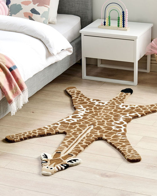Tappeto per bambini marrone e beige in lana con fondo in cotone 100 x 160 cm Tappeto per la stanza da gioco con stampa di giraffa animale Camera da letto per bambini