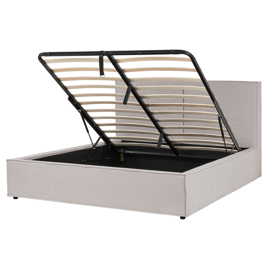 Letto king size 160 x 200 cm Grigio chiaro Rivestimento in tessuto Ottomana di contenitore Telaio a doghe Camera da letto moderna contemporanea