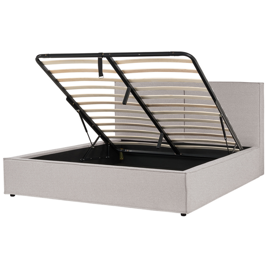 Letto king size 180 x 200 cm Grigio chiaro Rivestimento in tessuto Ottomana di contenitore Telaio a doghe Camera da letto moderna contemporanea