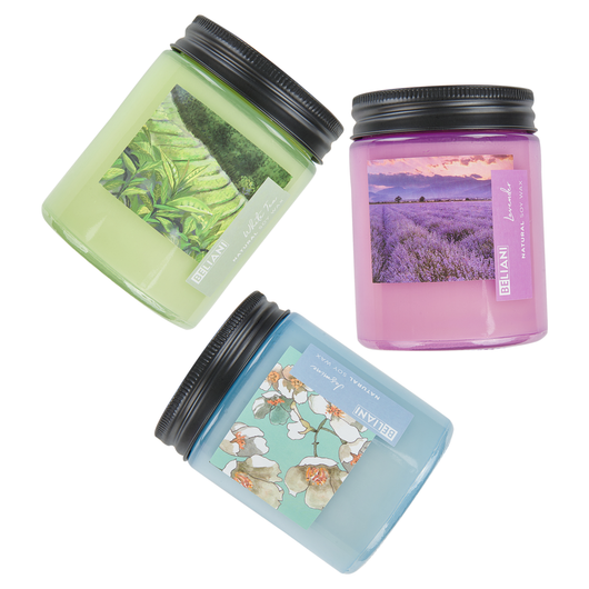 Set di 3 candele profumate multicolore 100% cera di soia stoppino di cotone vetro fragranza tè lavanda gelsomino