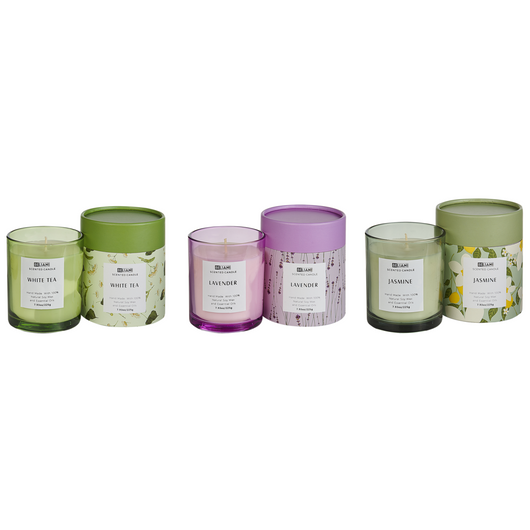 Set di 3 candele profumate multicolore 100% cera di soia stoppino di cotone vetro fragranza floreale erbe orientali te-lavanda-gelsomino