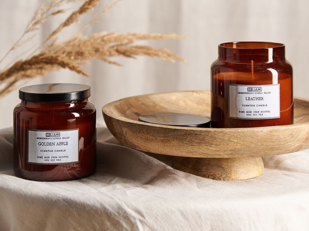 Set di 2 candele profumate multicolore 100% cera di soia stoppino di cotone vetro alimentare fragranza fresca mela dorata/pelle