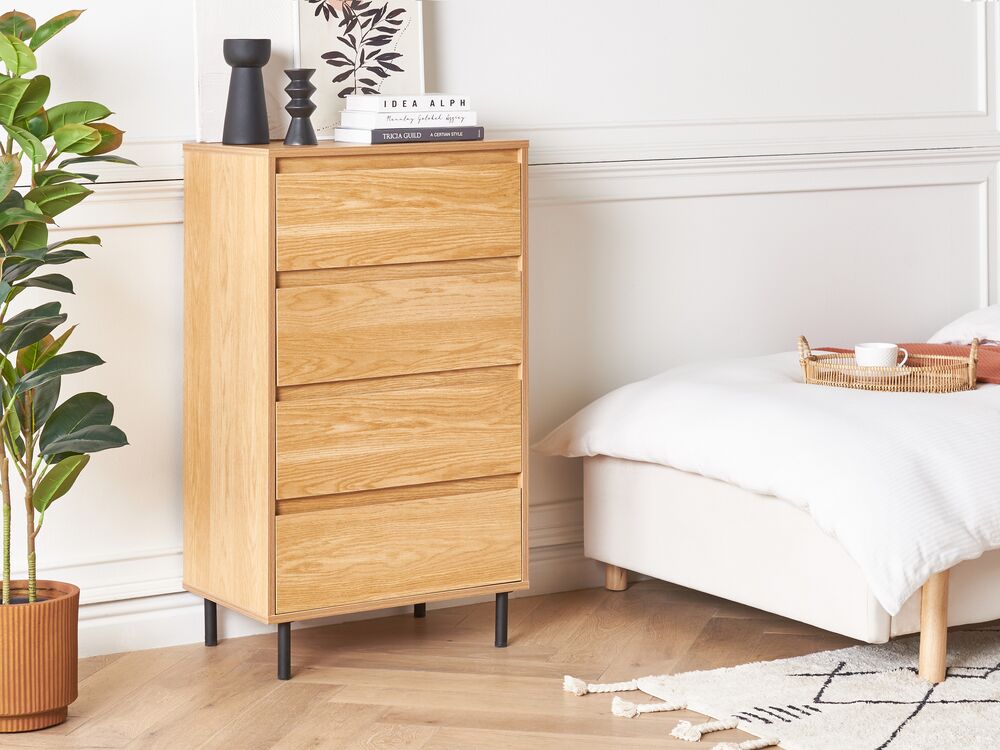 Cassettiera in legno chiaro metallo gambe nere 60 x 40 x 104 cm con 4 cassetti soggiorno camera da letto corridoio mobile contenitore stile scandinavo