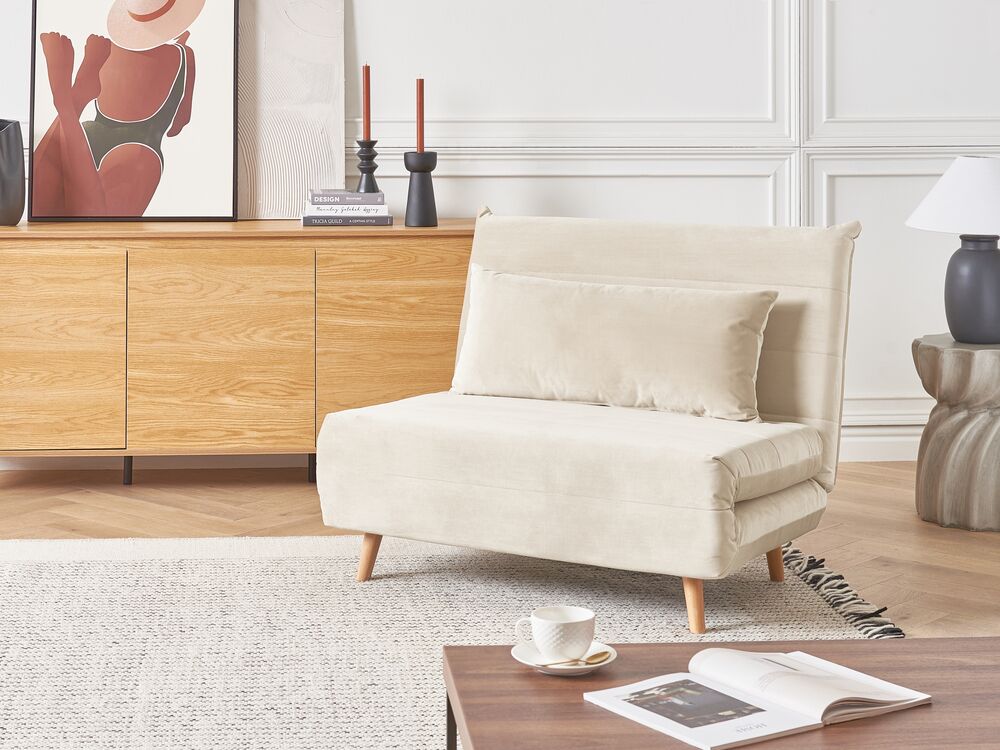 Divano letto piccolo in velluto beige chiaro 1 posto letto pieghevole senza braccioli scandinavo