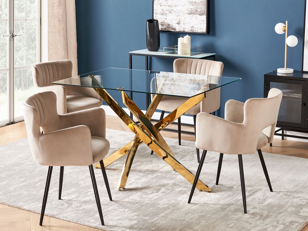 Tavolo da pranzo Oro con piano in vetro temperato Rettangolare 120 x 70 cm Capacità 4 persone Design moderno