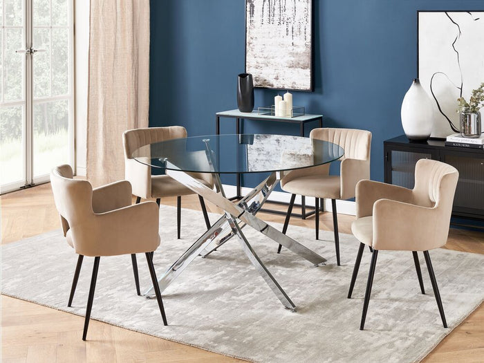 Tavolo da pranzo rotondo piano in vetro temperato gambe in argento ⌀ 120 elegante glamour