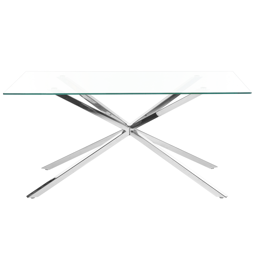 Tavolo da pranzo rettangolare con piano in vetro temperato trasparente 160 x 90 cm gambe in argento 4 persone design moderno
