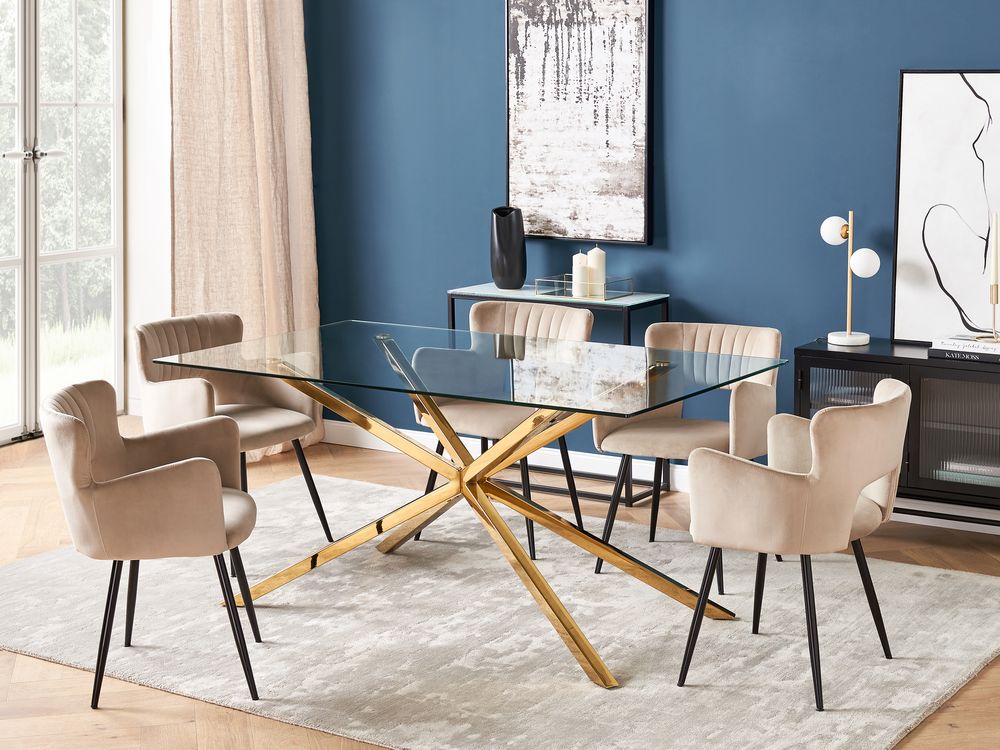 Tavolo da pranzo rettangolare con piano in vetro temperato trasparente 160 x 90 cm gambe in oro 4 persone design moderno