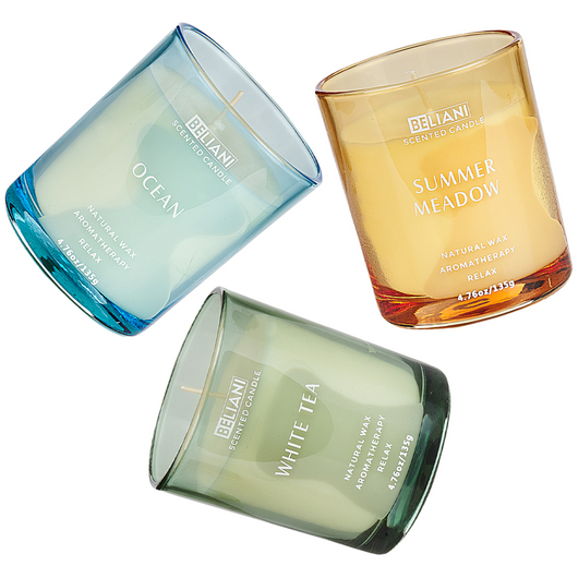 Set di 3 candele profumate multicolore 100% cera di soia stoppino di cotone vetro Naturale Fragranza fresca Oceano, Tè bianco, Prato estivo