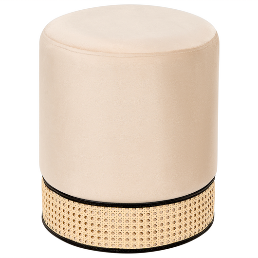 Pouf imbottito in velluto beige e rattan intrecciato a forma di anello solido glamour