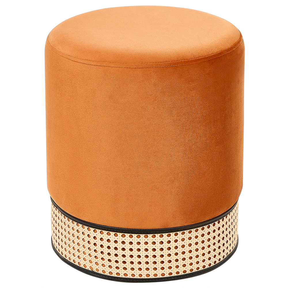 Pouf imbottito in velluto arancione e rattan intrecciato a forma di anello solido glamour