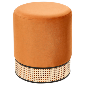 Pouf imbottito in velluto arancione e rattan intrecciato a forma di anello solido glamour