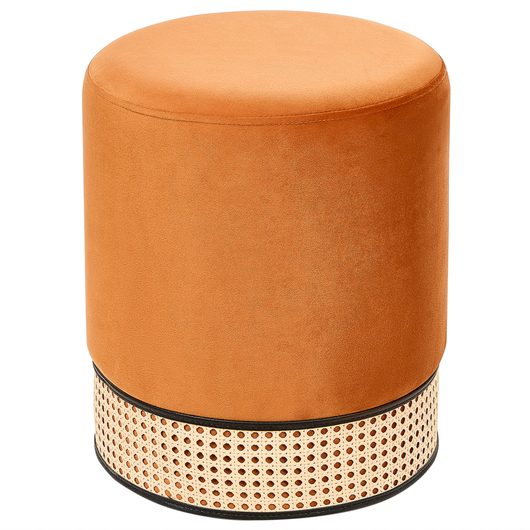 Pouf imbottito in velluto arancione e rattan intrecciato a forma di anello solido glamour