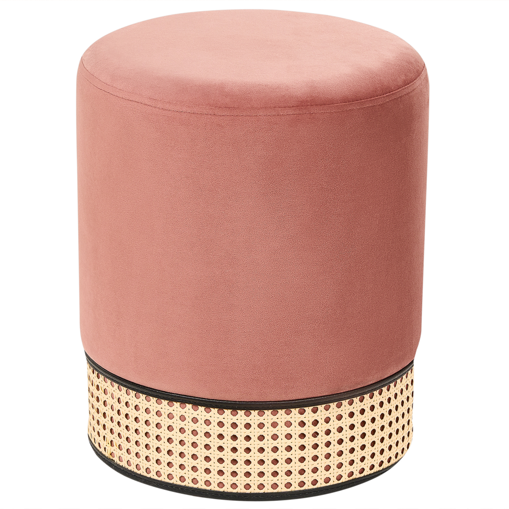 Pouf imbottito in velluto rosa e rattan intrecciato a forma di anello solido glamour