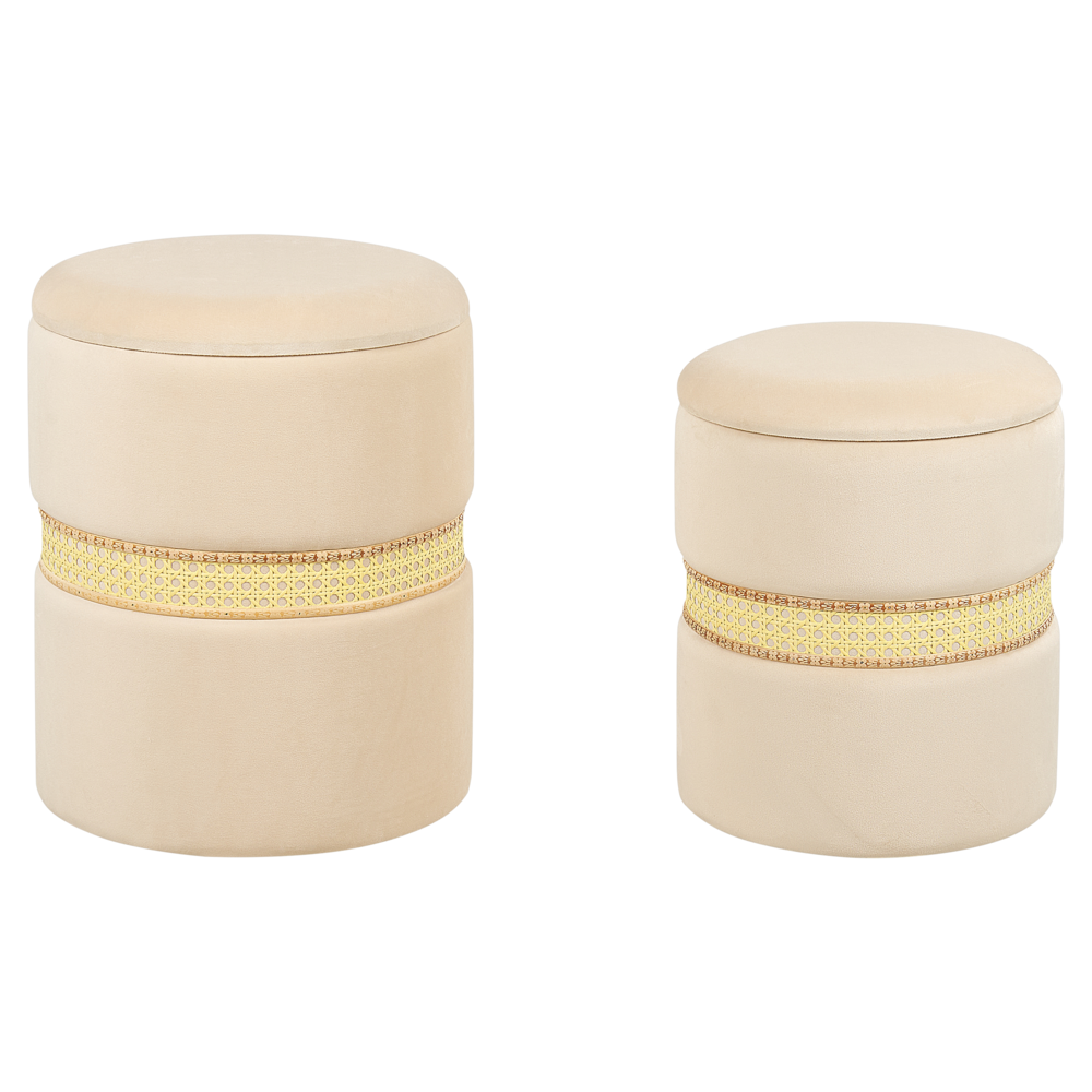 Set di 2 pouf in velluto beige chiaro e rattan camera da letto stile boho moderno contemporaneo