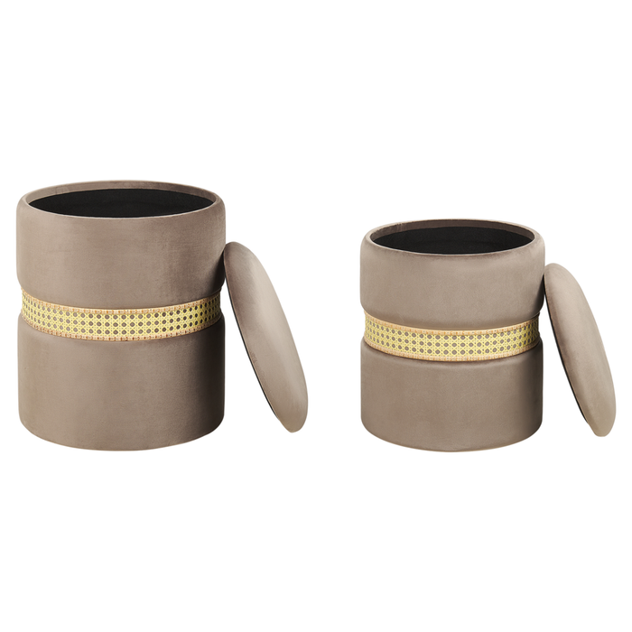 Set di 2 pouf in velluto tortora e rattan stile boho contemporaneo camera da letto