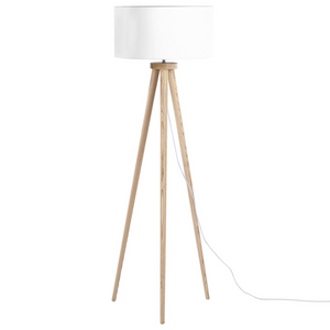 Lampada da Terra Bianca con Struttura in Legno Chiaro 140 cm Paralume in Tessuto Treppiede per Tamburo Design Moderno