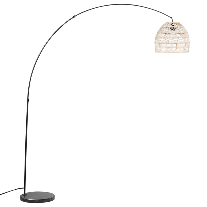 Lampada da Terra Arco in Metallo Nero 195 cm con Paralume in Rattan