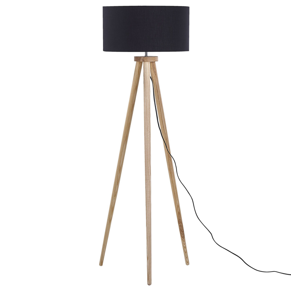 Lampada da Terra Nera con Struttura in Legno Chiaro 140 cm Paralume in Tessuto Treppiede per Tamburo Design Moderno