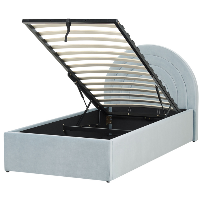 Letto con Contenitore in Velluto azzurro, Misura Singola 90 x 200 cm Design Minimalista Retro con Testiera a Mezza Luna con contenitore