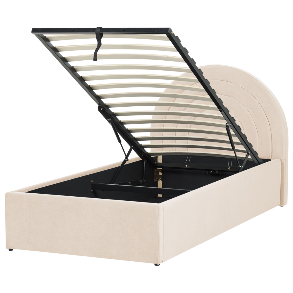 Letto con Contenitore in Velluto beige, Misura Singola 90 x 200 cm Design Minimalista Retro con Testiera a Mezza Luna con contenitore