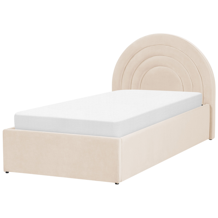 Letto con Contenitore in Velluto beige, Misura Singola 90 x 200 cm Design Minimalista Retro con Testiera a Mezza Luna con contenitore