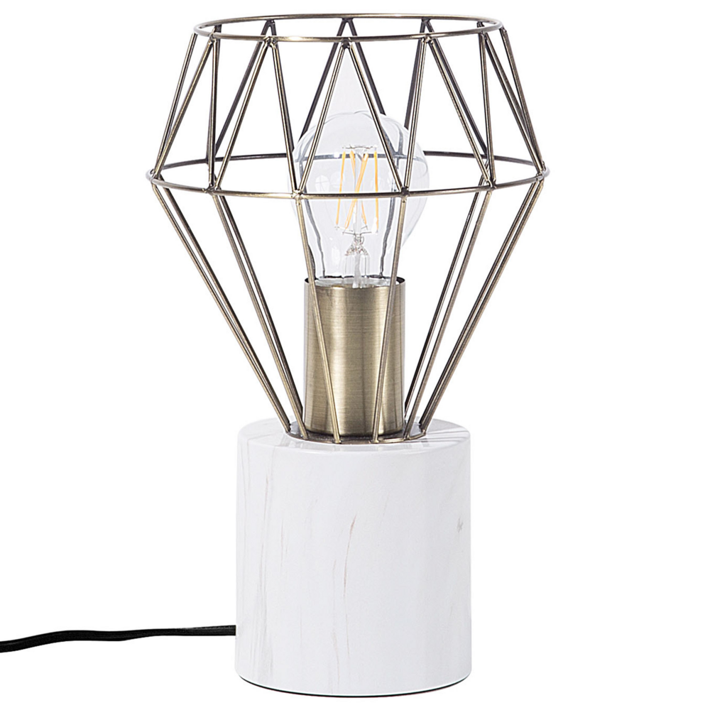 Lampada da Tavolo Lampada da Comodino Ottone Metallo Diamante Gabbia Paralume Base Rotonda Effetto Marmo