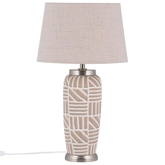Lampada da comodino in ceramica beige e bianca 48 cm motivo a righe con paralume a tamburo tradizionale