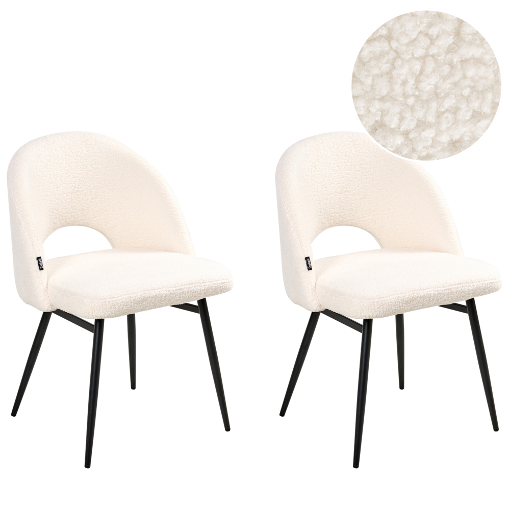 Set di 2 sedie da pranzo in tessuto bouclè bianco braccioli schienale intagliato gambe in metallo moderna industriale