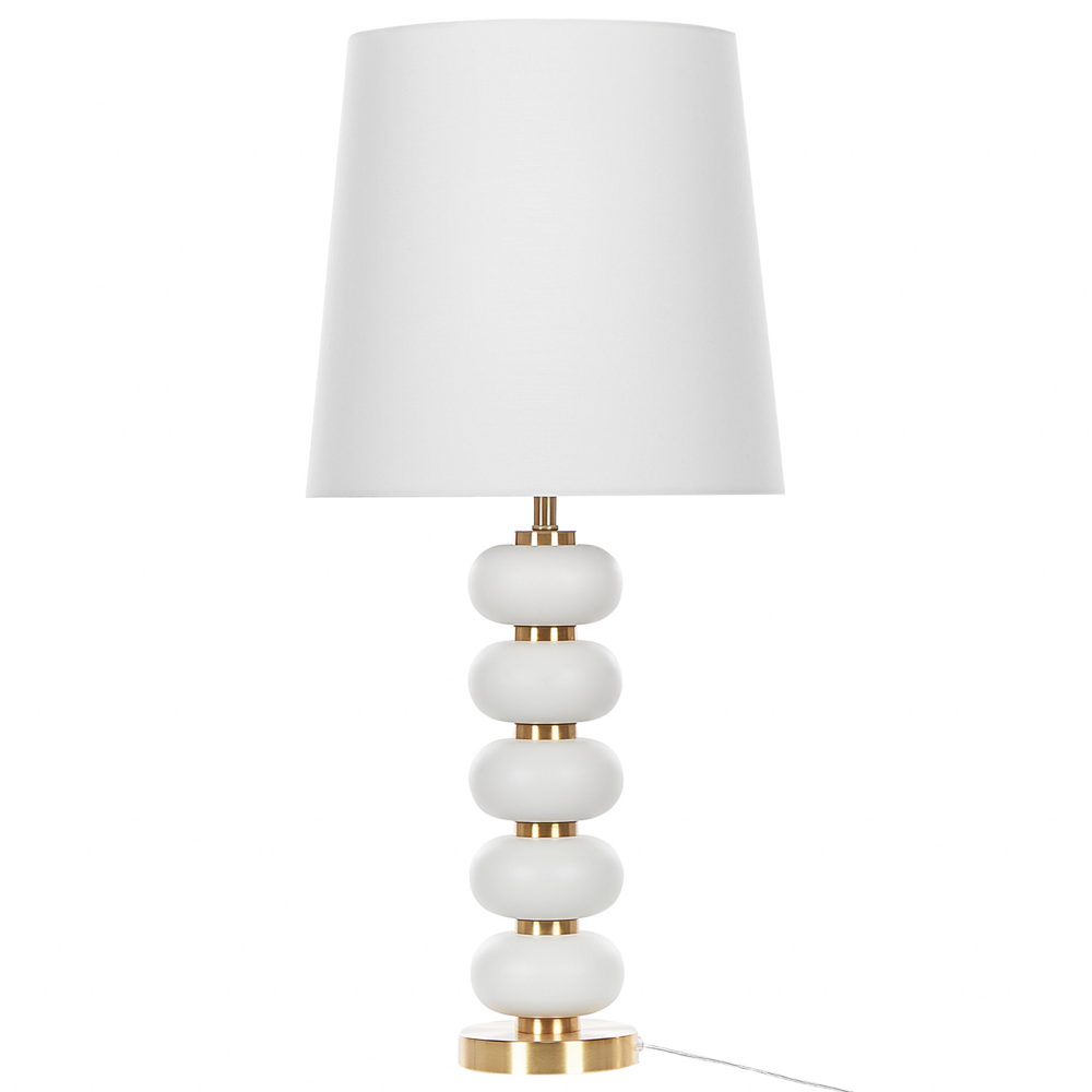 Lampada da Tavolo Base in Metallo Bianco e dorato con Paralume Impero in Tessuto Bianco