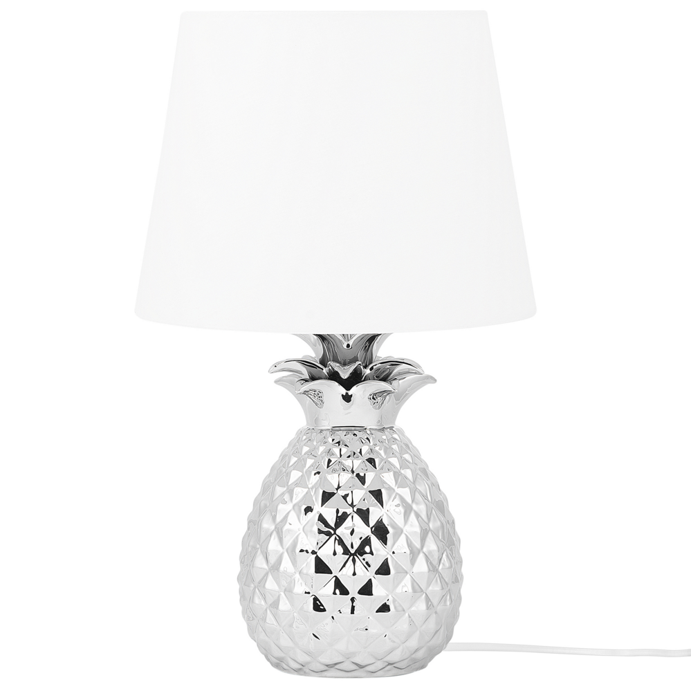 Lampada da Tavolo Decorativa Argento con Base in Ceramica Bianca Lucida Paralume in Poliestere a Forma di Ananas Design Eclettico