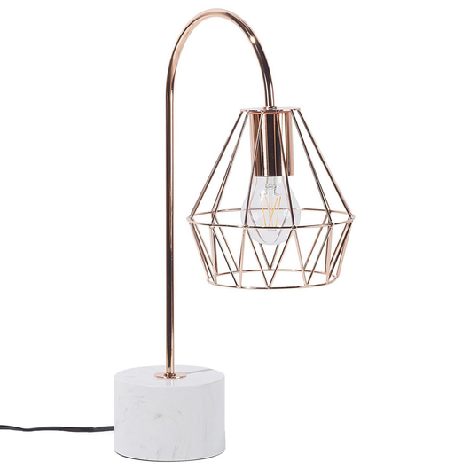 Lampada da tavolo Lampada da scrivania in metallo rame con paralume a gabbia diamantata con base tonda effetto marmo
