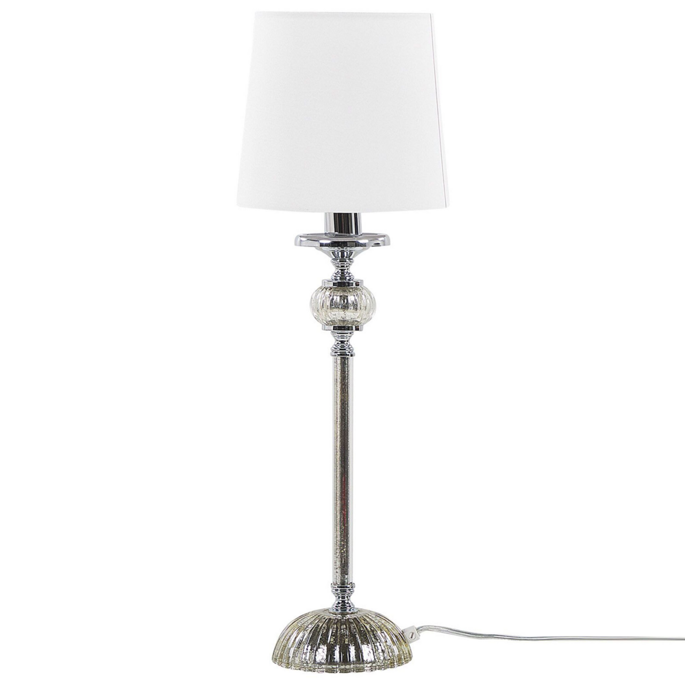 Lampada da tavolo Base in metallo argento Paralume impero bianco Paralume in vetro