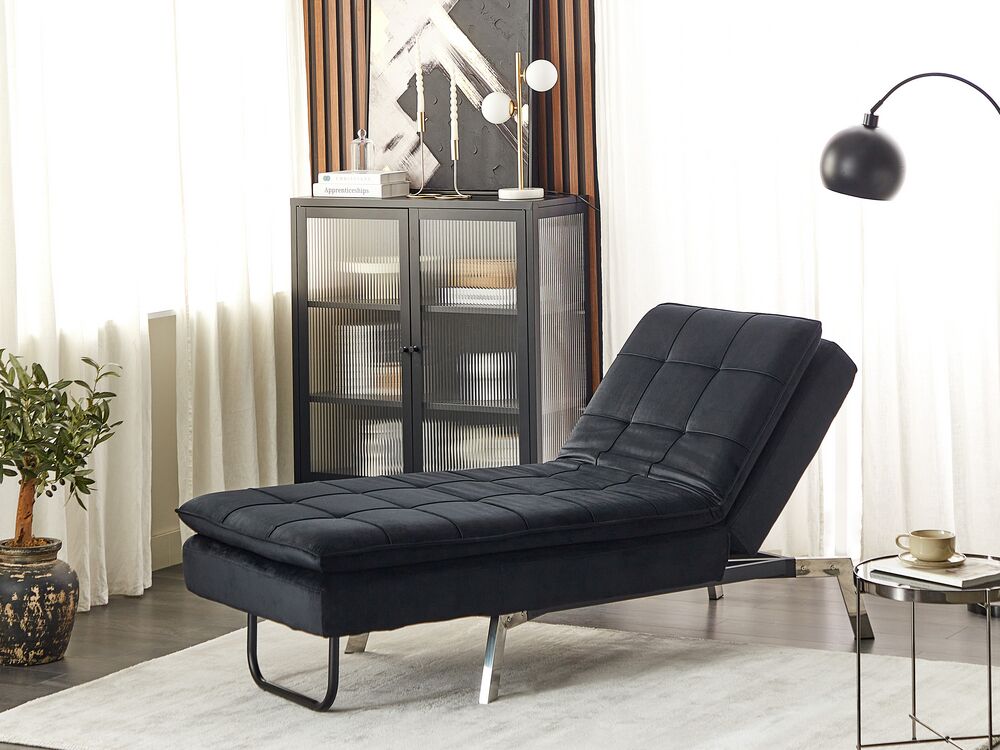 Chaise Longue Velluto nero e Poggiapiedi Regolabili Moderna Glamour