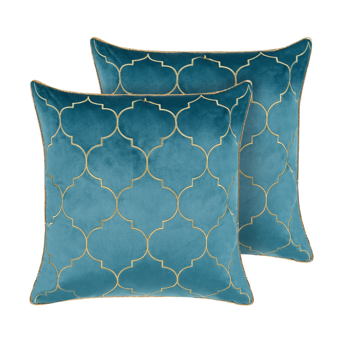 Set di 2 cuscini decorativi velluto blu 45 x 45 cm con frange e motivo orientale elegante glamour