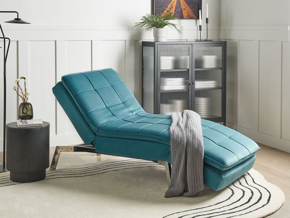 Chaise Longue Velluto verde acqua Schienale e Poggiapiedi Regolabili Moderna Glamour