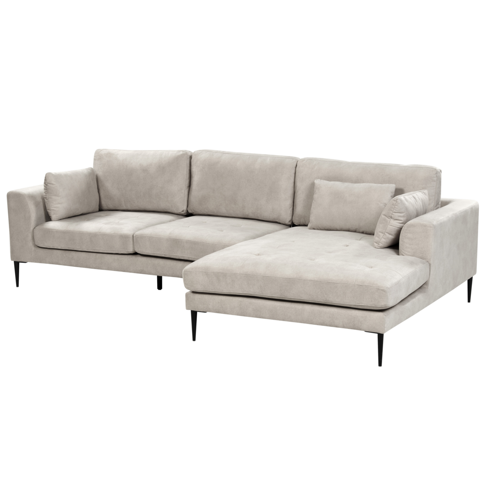 Divano angolare a sinistra grigio in velluto imbottito a forma di L con sedile imbottito e trapuntato e cuscini