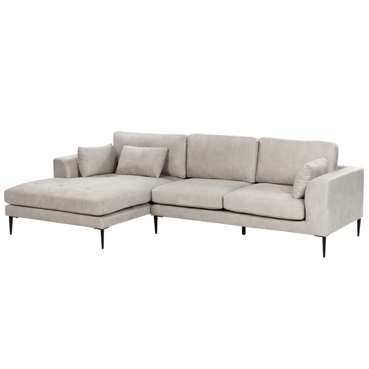 Divano angolare a destra bianco crema in velluto imbottito a forma di L con sedile imbottito e trapuntato e cuscini