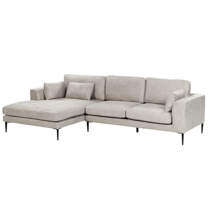 Divano angolare a destra bianco crema in velluto imbottito a forma di L con sedile imbottito e trapuntato e cuscini