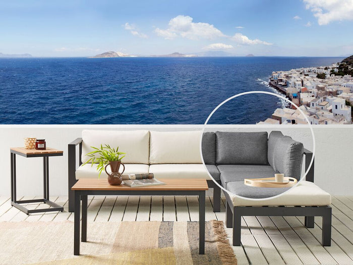 Set da giardino 5 posti in alluminio nero e grigio con divano e cuscini beige e tavolo a doghe set moderno scandinavo esterno