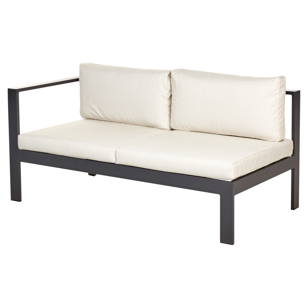 Set da giardino 5 posti in alluminio nero e grigio con divano e cuscini beige e tavolo a doghe set moderno scandinavo esterno