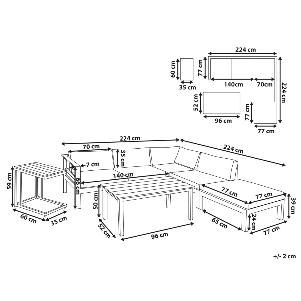 Set da giardino 5 posti in alluminio nero e grigio con divano e cuscini beige e tavolo a doghe set moderno scandinavo esterno
