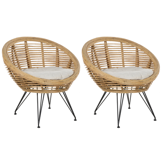 Set 2 Sedie Naturale Rattan Cotone Cuscino Indoor Outdoor Stile Boho Giardino Patio Balcone