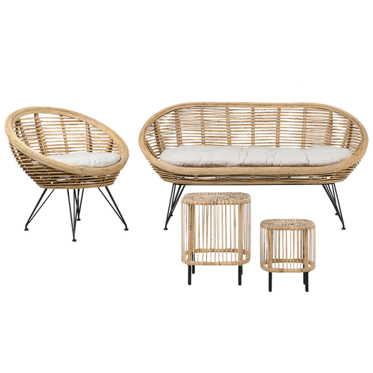 Set di divani a 3 posti con tavolini in rattan naturale beige chiaro con cuscino in cotone di media resistenza per interni, all'aperto, in stile bohémien, in giardino, in balcone.
