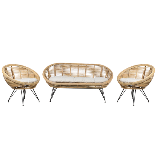 Set di divani a 4 posti in rattan naturale beige chiaro con cuscini in cotone per interni e per esterni in stile bohémien per il giardino e il balcone.