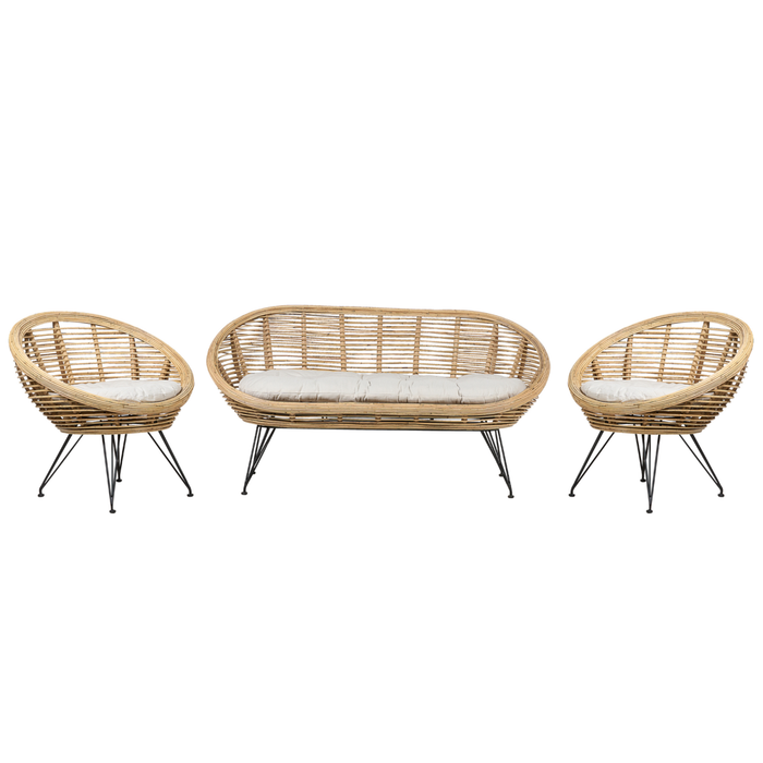 Set di divani a 4 posti in rattan naturale beige chiaro con cuscini in cotone per interni e per esterni in stile bohémien per il giardino e il balcone.