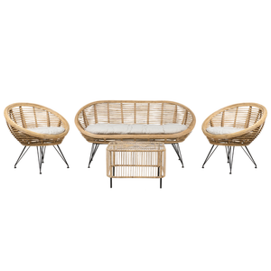 Set di divani a 4 posti in rattan naturale beige chiaro con cuscini in cotone con tavolino per interni e per esterni stile bohémien giardino balcone.